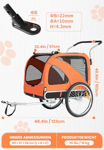 SEPNINE® Hunde Fahrradanhänger XL, 2 in 1 Hundeanhänger & Jogger mit Reflektor und Bremse, 600D Oxford Canvas, maximale Belastung 40kg-Orange