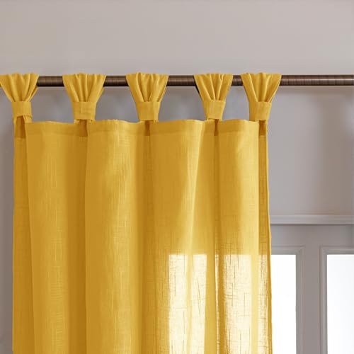 HOMEMONDE Cotton Sheer Curtains 6 Feet Pack of 2 Mustard Twist Tab Top Window Curtains Light Filtering Transparent Solid Drapes (72 Inches, Mustard Yellow)