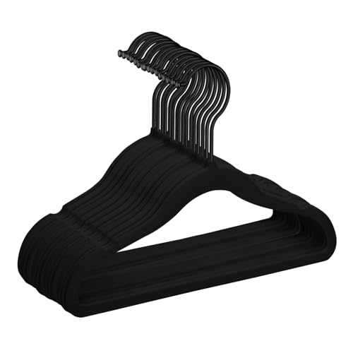 MIZGI Premium-Kinder-Samt-Kleiderbügel (50 Stück) mit schwarzen Haken, platzsparend, ultradünn, rutschfeste Baby-Kleiderbügel für Kinderrock, Kleider, Hosen, Kleiderbügel (schwarz/schwarz)