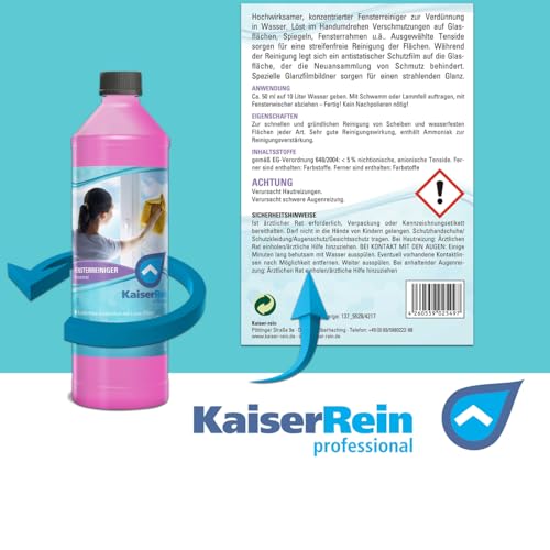 KaiserRein Fensterreiniger Konzentrat mit Lotuseffekt 1L - Professioneller Fensterreiniger für streifenfreien...