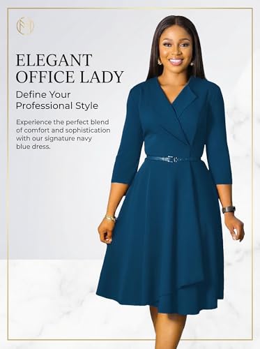 Image of Elainone Women 3 /4 Sleeve Casual Swing Flared A Line Dress Wedding Guest Semi Formal Office Work Dresses with Belt
