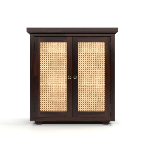 Image of Solid Sheesham Wood Sideboard Cabinet for Living Room | Wooden Storage Cabinet with 2 Cane Doors & Shelf | Modern Rattan Design Sideboard for Home (Walnut Finish)