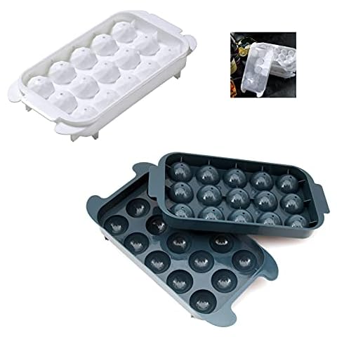 Ice Cube Tray 2 Pack 15-Hole Ice Ball Mould, Diameter 3.2CM Whiskey Ice Cubes Double-Layer Ice Hockey Box Ice Trays with Lids Can Be Reused(Blue Round, White Diamonds) Cover