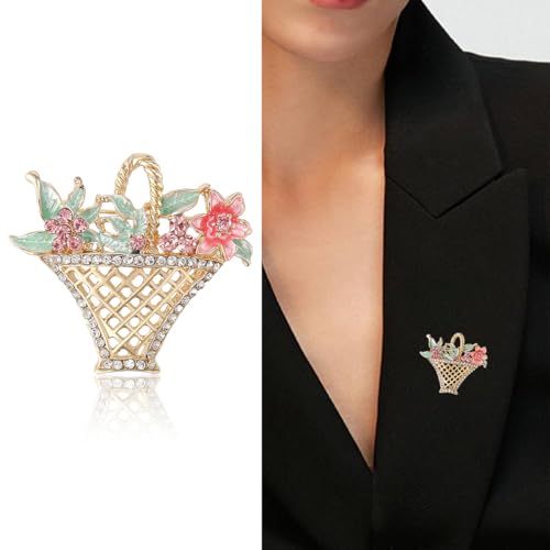 Image of PINK TOWN Rhinestone Flower Basket Brooch For Women Colorful Crystal Flower Basket Brooch Pin Dainty Elegant Clothing Hat Bag Accessories Gold
