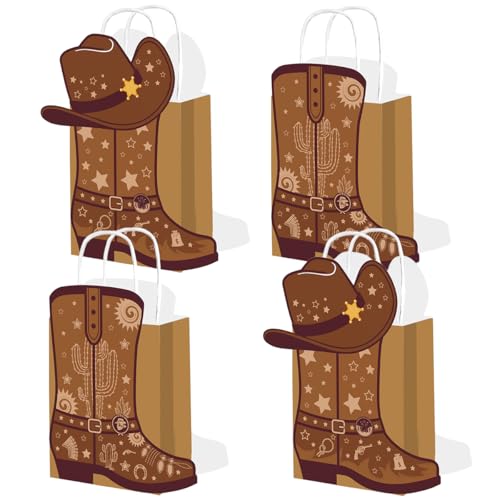 OUAOCZH 24Pcs Cowboy Boots Paper Bags Western Theme Party Decorations Favors Wild West Kraft Bag with Handles Rodeo Cowgirl Boot Hat Goodie Bag for Cowboy Birthday Bachelorette Party Supplies