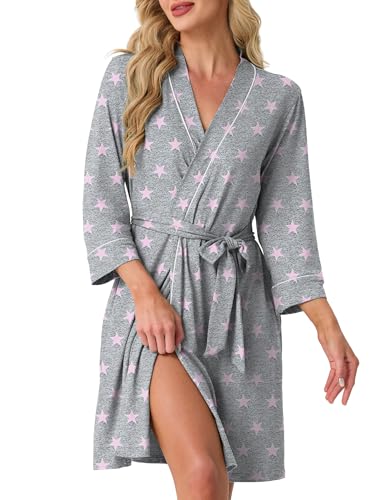 Image of PrinStory Womens Robe Knee Length Soft Knit Bathrobe S-2XL | V-Neck 3 /4 Sleeve Robes with Pockets, Lightweight, Breathable Bath Robe for Shower, Spa, Travel, Home, Party, Nursing