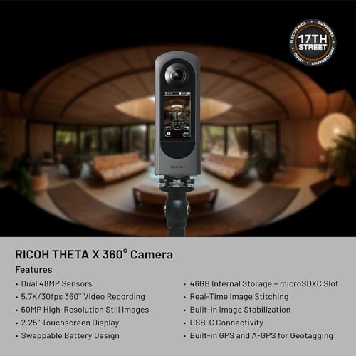 RICOH Theta X 360° Camera – 5.7K Video & Dual 48MP Sensor for Immersive Content Creation with 128GB Extreme UHS-I microSDXC Memory Card and SD Adapter, Waith Cleaning Cloth Bundle Set