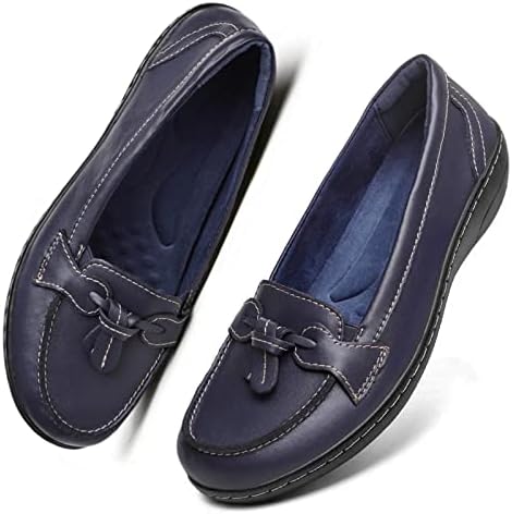 JATJA Shoes for Women Classic Penny Loafers Genuine Leather Slip On Walking Flats for Women with Arch Support Navy US7