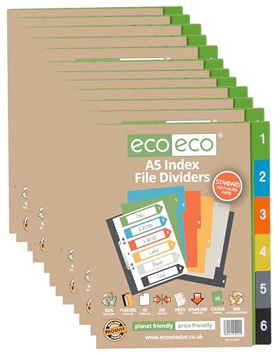 Intercalaires A5 1 à 6 onglets multicolores eco-eco à perforation universelle pour classeur