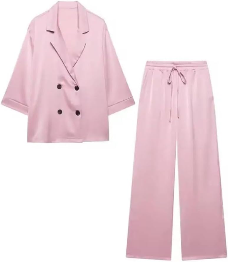 Women's Lapel Single-Breasted Satin Short-Sleeved Shirt Wide-Leg Pants Home Two-Piece Suit