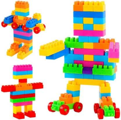 Image of Satsun Small Building Bricks and Blocks for Kids with Wheel Age 3+ (52 Blcok + 8 Tyres) 60 Pcs