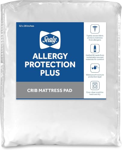 Image of Sealy Baby Allergy Protection Plus Fitted Waterproof Infant Crib Mattress Protector Pad and Toddler Bed Cover, Durable & Comfortable Topper, Machine Washable and Dryer Friendly, 52 inch x 28 inch- White
