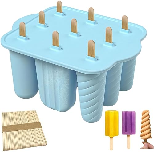 Popsicle Mould,9 Cavities Popsicle Mould with 50pcs Wooden Sticks,Silicone Ice Lolly Moulds,Reusable Ice Cream Mold Summer-Ready DIY Home Kitchen Tool