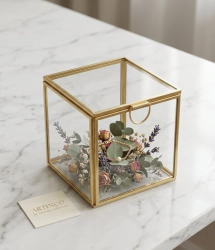 Image of Art India Collections Home Decor Glass Brass Storage Box Decoration, Golden Decorative Glass Brass Box 4x4 inch, Showers