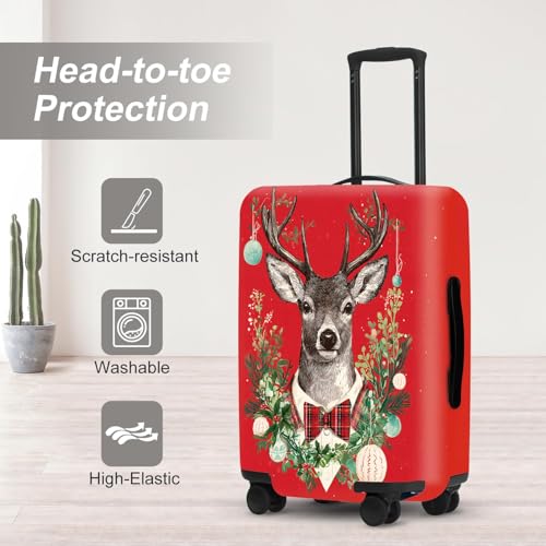 Image of Reindeer Luggage Cover - Red Background with Wreath and Ornaments, Elegant Holiday Suitcase Protector for 28 30 Inch Travel