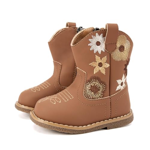 BMCiTYBM Baby Cowboy Cowgirl Boots Infant Western Shoes Boys Girls Round Toe Boots All Seasons 6 9 12 18 24 Months Brown Size 6-12 Months Infant