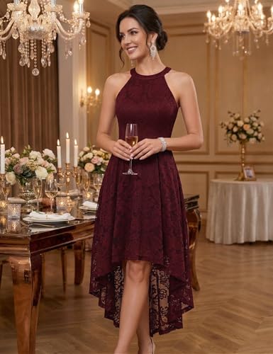 Image of Dressystar Women Halter Lace Wedding Guest Dress Hi-Lo Cocktail Party Bridesmaid Formal Dresses