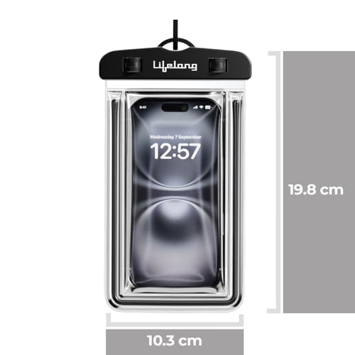 Image of Lifelong Waterproof Mobile Rain Pouch with Plastic Air Lock, Black | IPX8 Waterproof Case for Smartphiones & iPhones | Transparent Pouch for Swimming Pool, Beach, Diving | Heavy-Duty Lanyard