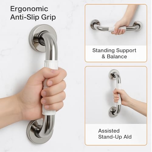 Image of BATH GURU Heavy Duty High Grade Rustproof Stainless Steel Safety Bathroom Grab Bar handle for Senior Citizen, Anti-Slip Grip, Wall Mounted Support Rail for Toilet Shower, Bathtub (White Grip, 20 Inch)