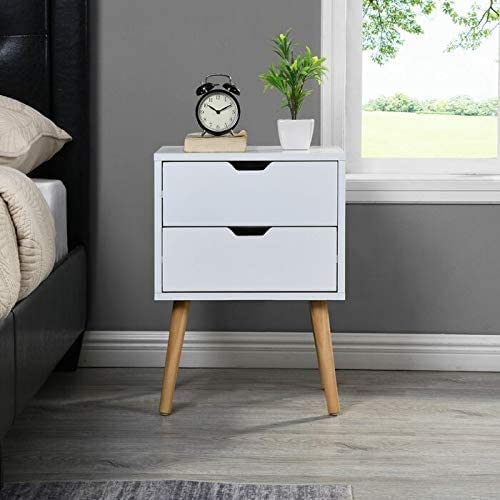 Image of Device Bas with BROWN ART SHOPPEE 2-Drawer End Side Table With Drawer&Solid Wood Legs,Bedside Table For Bedrooms,Mid-Century Modern Drawer Storage Cabinet For Bedroom&Living Room Furniture(White)