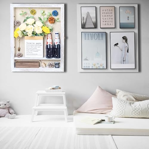 Image of White Shadow Box Frame 16x20 Shadow Box with Shelves 2.6 inch Interior Depth Memorial Shadow Box Display Case with Linen Back for Handicrafts,Picture Frames,Medals,Coins,Pins Collection and More
