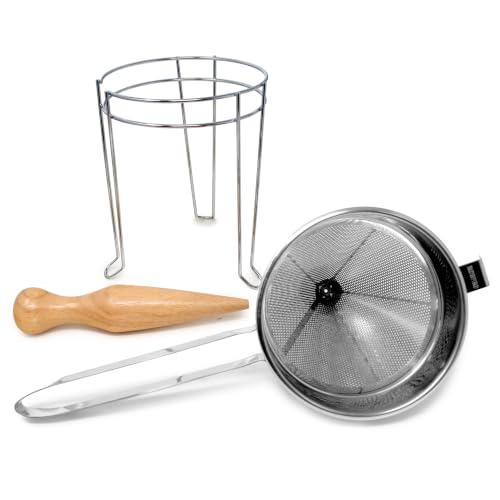 Image of Norpro 642 Stainless Steel Chinois with Stand and Pestle Set, Bouillon Strainer, Jelly Strainer, China Cap