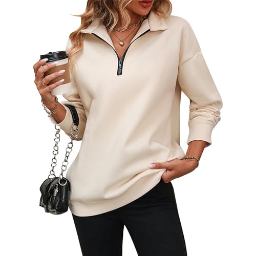 Womens Zip-Up Dropped Shoulder Sweatshirt, Women Half Zip Sweatshirts Long Sleeve Drop Fleece Shoulder Pullover