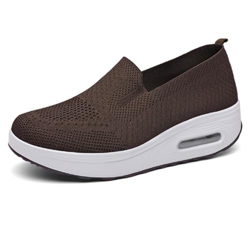Wabkderpu Walking Shoes for Women Woven Breathable Slip On Sneakers Comfortable Air Cushion Orthopedic Shoes Anti-Slip Flat Platform Loafers Lightweight Casual Fashion Sneakers Brown