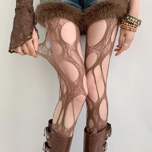 Image of Women's Ripped Fishnet Tights, Irregular Distressed Hole Mesh Stockings, Y2k Lace Sheer Pantyhose