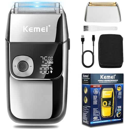 Kemei Rasoir électrique à grille pour homme, tondeuse à barbe rechargeable sans fil de précision, lavable, USB, affichage LED, rasoirs à grille en titane au lithium...