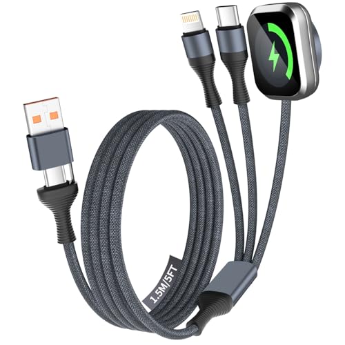 Image of Multi Charger Cable for iWatch Charger, 3-in-2 USB A /C Cable 5FT for iPhone | With Type-C /IP, Braided Multiple Charging Cord, Compatible with iPhone 17-11, Watch Series 11-1 /Ultra /SE, Great for Car /Home