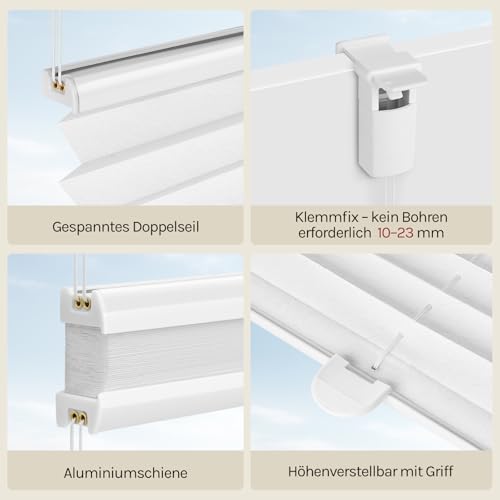 WOLTU Plissee Klemmfix ohne Bohren, Crushed-Optik, 110 x 150 cm, Weiß – Ansicht 6