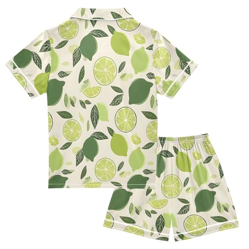 Green Lemon Pattern Summer Satin Pajama Set, Cute Button-Down Sleepwear Pj Set for Sleep Wears2
