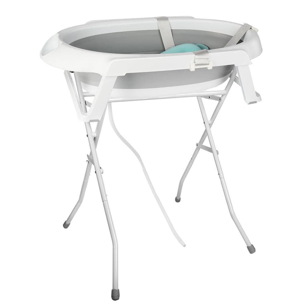 Bañera para bebé con soporte de 84,5 cm, bañera de bebe sobre pie, segura y cómoda, cuenca plegable para bebe con termómetro y cojín de baño (63 x 60 x 84,5 cm, gris)