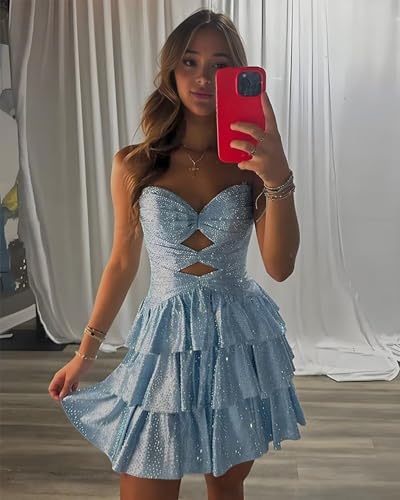 Tiered Ruffle Homecoming Dresses Short for Teens Strapless Keyhole Sparkly Beaded Homecoming Dresses HOCO Dress 20252