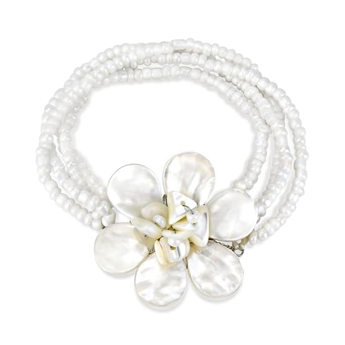 AeraVida Elegant White Ocean Flower Mother of Pearl and Bead Floral Bracelet