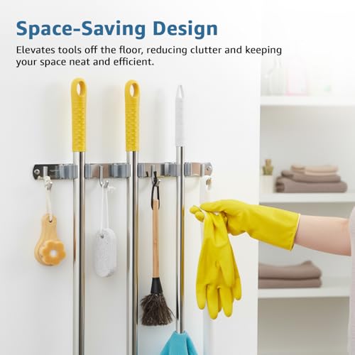 Image of Amazon Basics Broom and Mop Holder Wall Mount | Stainless Steel | 3 Racks & 4 Hooks | Tool Organiser for Kitchen, Bathroom, Garage | 3.8L x 38W x 4.6H cm