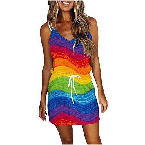 AFFGEQA Damen Freizeit Kleider Frauen V-Ausschnitt Streifen Regenbogen Minikleid Spaghettiträger ärmelloses Sommerkleid mit Kordelzug und Tasche Cover