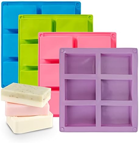 Silicone Soap Molds Set of 4 Pack 6 Cavities Rectangle Silicone Soap Molds for Homemade Craft Soap Mold, Cake, Chocolate, Ice Cube Tray Mold - Blue & Pink & Green& Purple