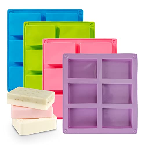 Silicone Soap Molds Set Of 4 Pack 6 Cavities Rectangle Silicone Soap Molds For Homemade Craft Soap Mold, Cake, Chocolate, Ice Cube Tray Mold - Blue & Pink & Green& Purple #TOP20