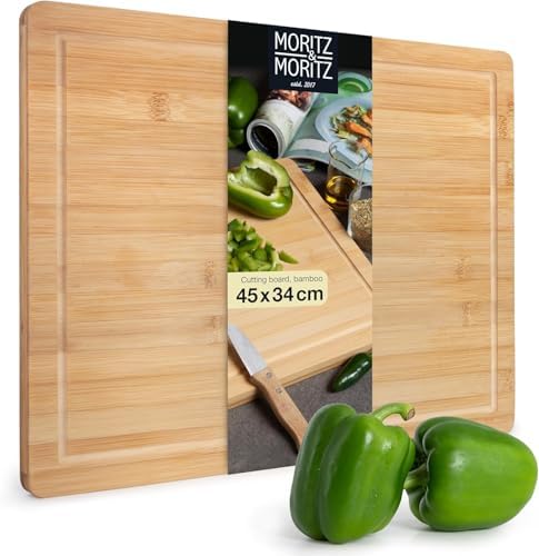 Moritz & Moritz XXL Schneidebrett Bambus Groß - 45 x 34 x 2 cm - Bambus Holzbrett mit Saftrille - Zum Schneiden, Anrichten und Servieren