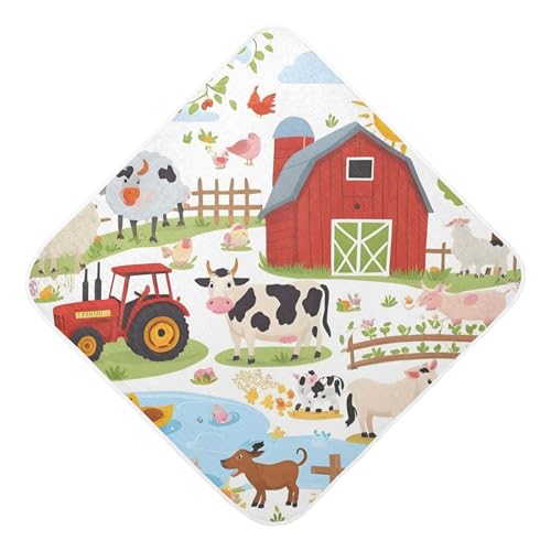 Image of Burbuja Farm Animals Baby Bath Towel - Soft Absorbent Muslin Cotton Hooded Towel for Newborn Infant Toddler, 30x30 in