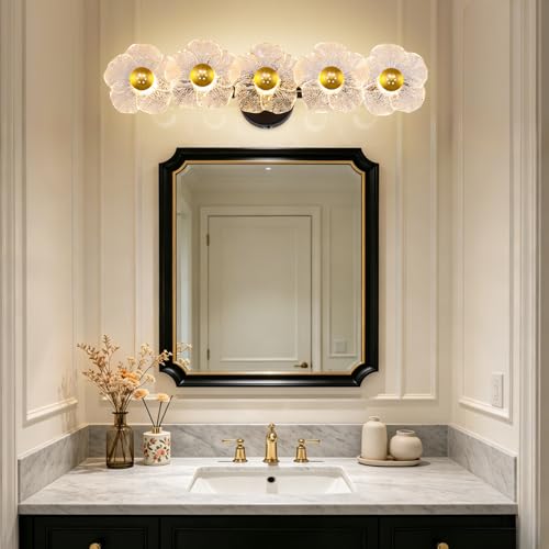 Image of 26.7 inch Black Bathroom Light Fixtures 5 Light Floral Bathroom Vanity Light, 3-Color Temperature Vanity Light Elegant Led Wall Lights Cordless Wall Sconces for Decor,Restroom,Livingroom,Bedroom