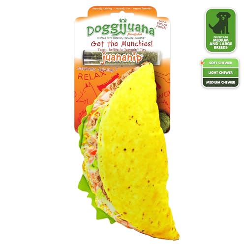 Image of Doggijuana Tuffer Chewer Dog Toy, Taco | Squeaky Refillable Plush Toy | Squeaky plush dog toy with calming Juananip catnip inside; eases anxiety, stress & boredom; durable interactive chew toy