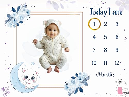 Image of Baby Monthly Milestone Blanket | 1-12 Months | Soft All-Season AC Blanket | Ideal for Newborn Boys & Girls | Perfect Growth Tracker & Photoshoot Prop with Moonlight Cat | 120x90 cm