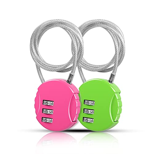 YAODHAOD 3 Digit Combination Padlock Locks, 2 Pieces Cable Luggage Locks, Wire Stroller Locks TSA Approved Padlocks for School Travel Bike Helmet Backpack Cabinet… (50cm, Pink + Green)