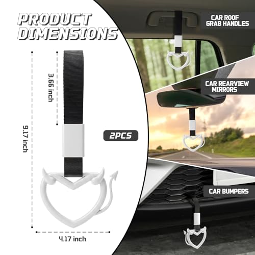Image of 2 Pcs Devil Heart Shaped Car Handle Strap - JD M Drift Charm Rear Bumper Warning Ring Decor for Car Interior Exterior, Subway Bus Handle Accessory, Cute Heart Car Decor Gift (White-Tail)