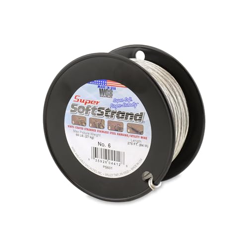 Image of Super Softstrand Heavy Duty Picture Hanging Wire #6 for Heavy Mirrors & Large Artwork, Low Stretch Stainless Steel Wire, 60 lb Capacity, 150 lb Break Strength, 275 Ft