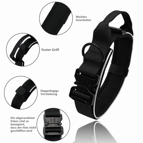 Premium Hundehalsband aus Nylon, Verstellbares Atmungsaktives Hundehalsband Weich Gepolstert, Reflektierend Halsband Hund mit Griff Halsband, 4.5 cm Breit M-XL