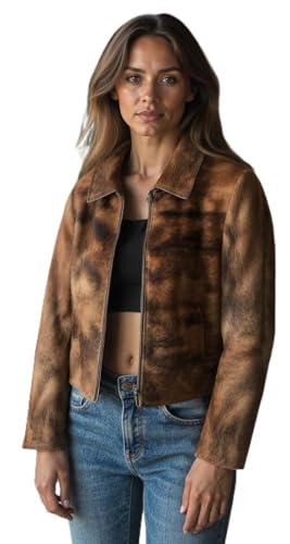 Women's Cow Fur Hair on Casual Leather Jacket - Loose Fit Straight Shirt Zipper Jacket - Black & Brown Shades